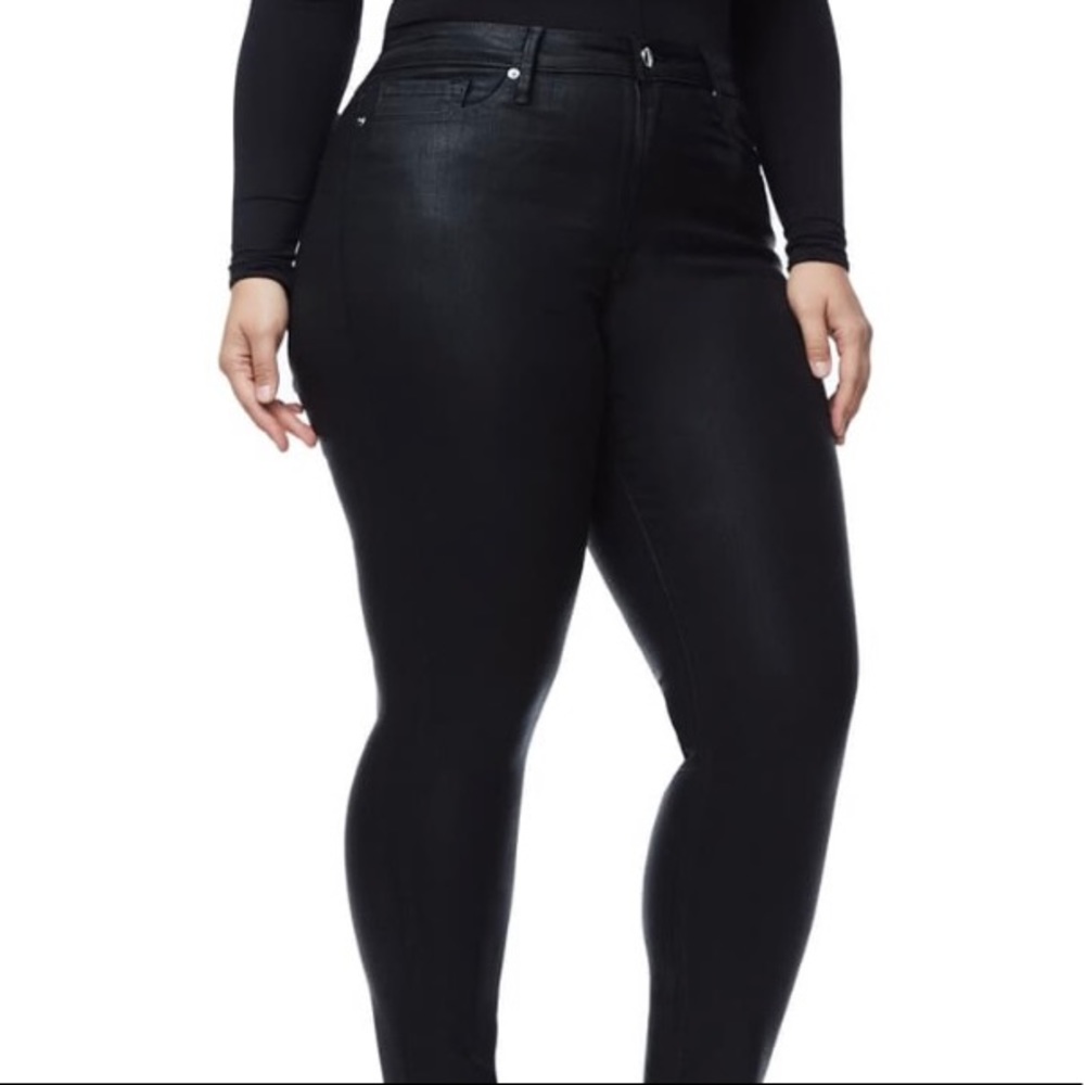 NWT GOOD AMERICAN Good Legs High Rise Skinny Pants Black Coated Shiny Slim